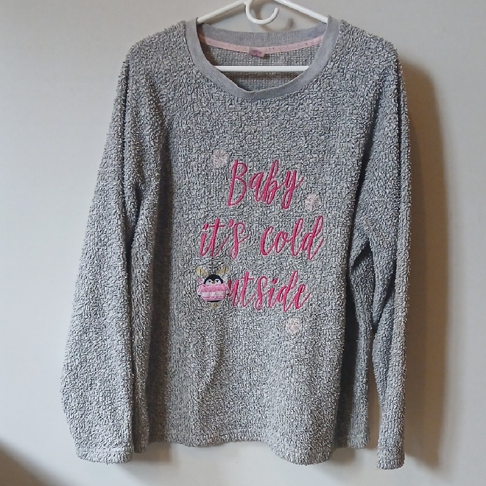 Holiday Time Gray and Pink Pullover Fuzzy Sweater 'Baby, It's Cold Outside'
